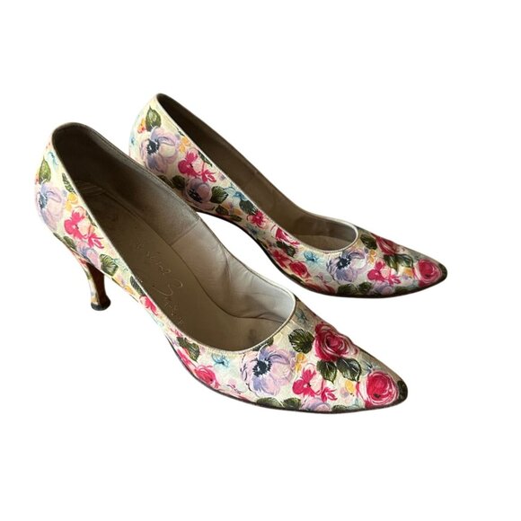 Vintage 1950s David Evins Floral Print Pumps 50s 60s Heels Size 8 AAA Narrow - Picture 3 of 16